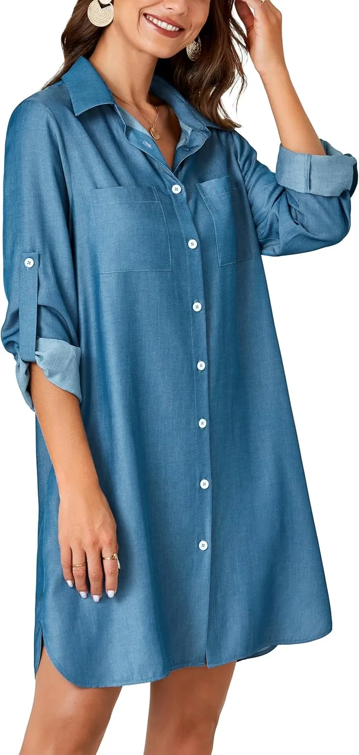 Rooscier Women's Roll Up Sleeve Button Down V Neck Oversized Pockets Denim Shirt Dress