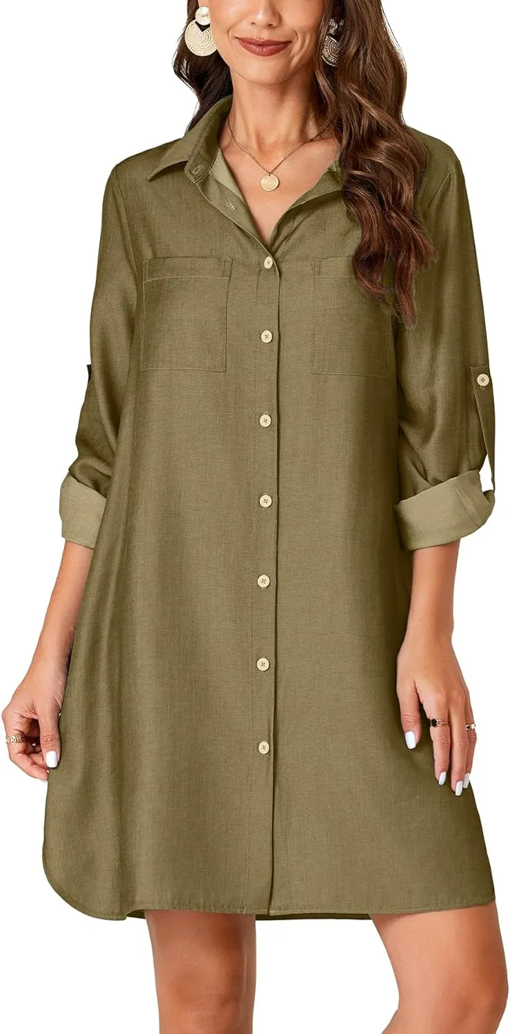 Rooscier Women's Roll Up Sleeve Button Down V Neck Oversized Pockets Denim Shirt Dress