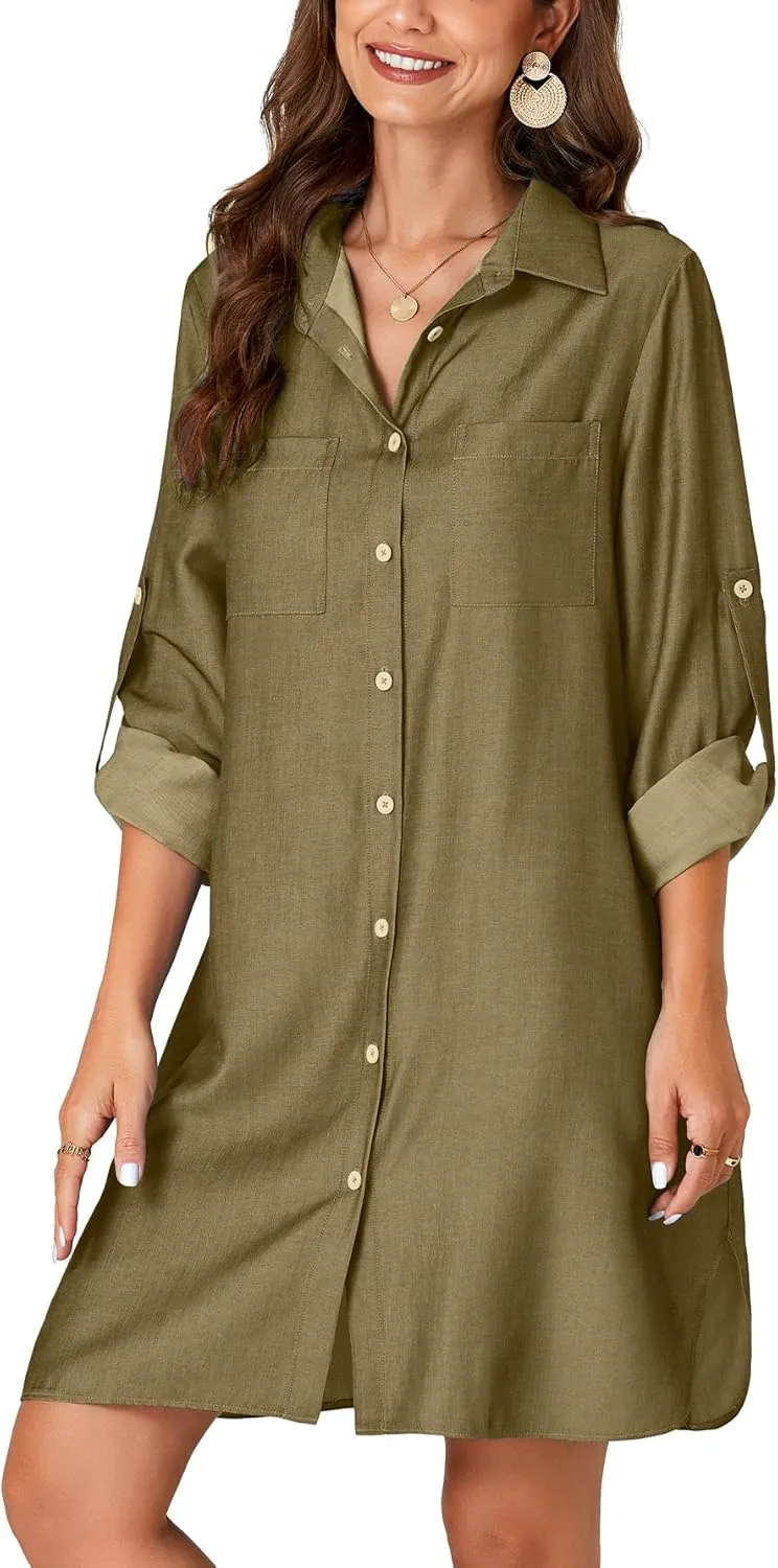 Rooscier Women's Roll Up Sleeve Button Down V Neck Oversized Pockets Denim Shirt Dress