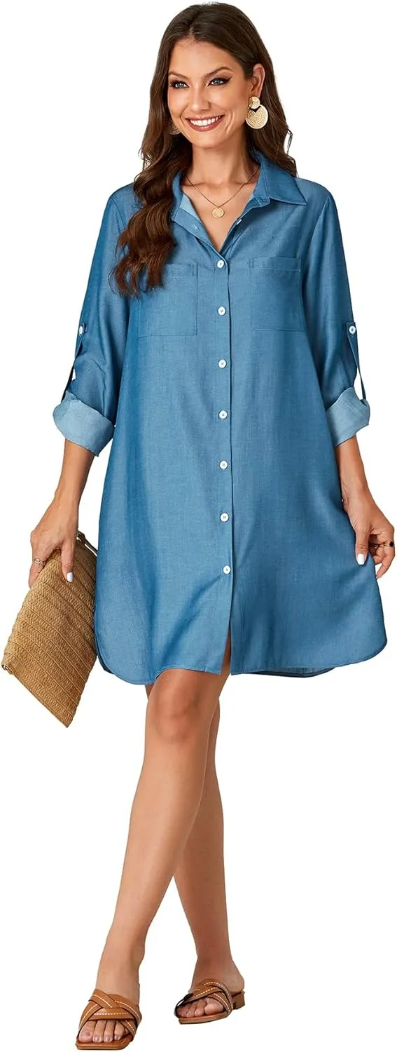 Rooscier Women's Roll Up Sleeve Button Down V Neck Oversized Pockets Denim Shirt Dress