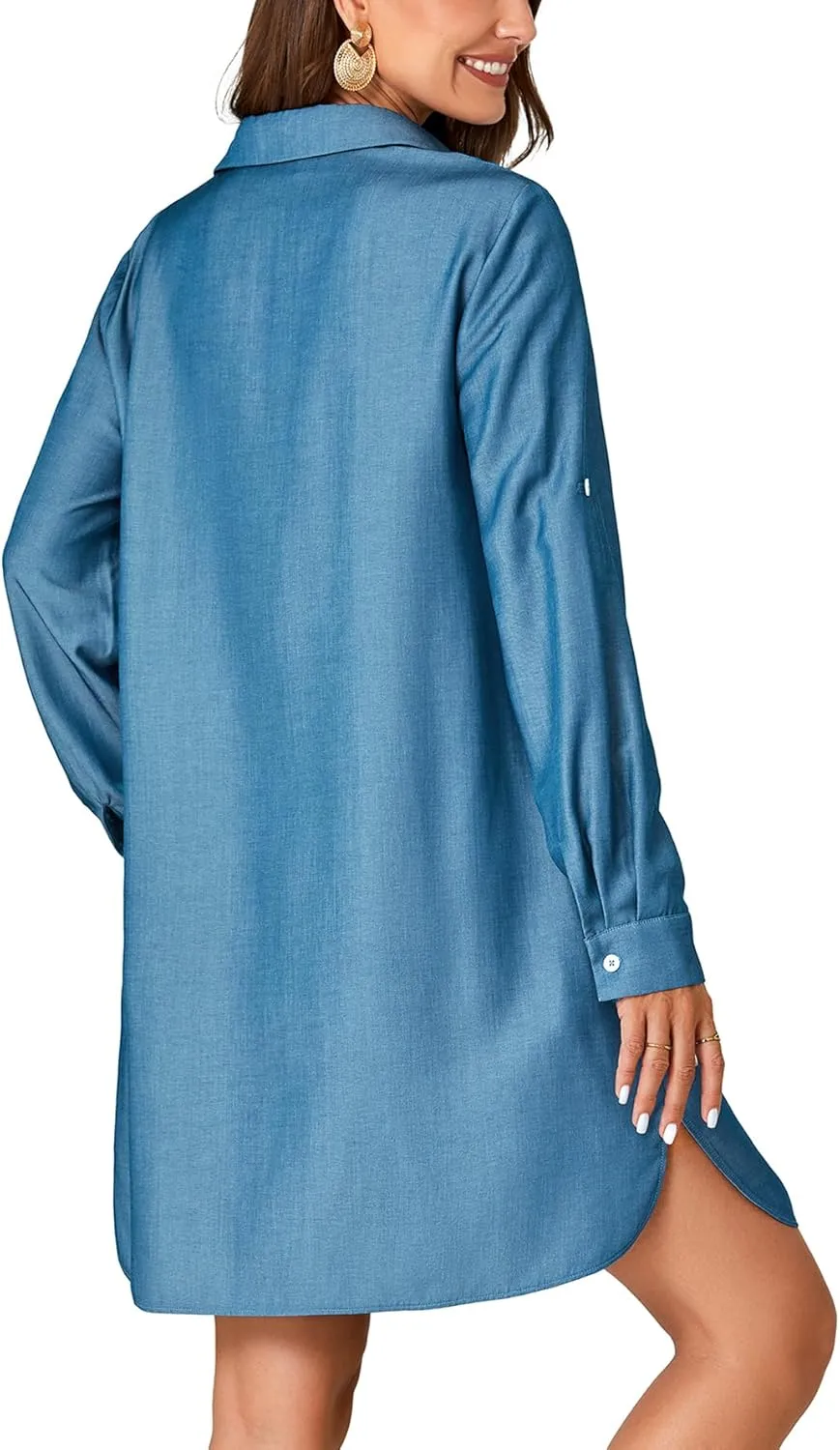 Rooscier Women's Roll Up Sleeve Button Down V Neck Oversized Pockets Denim Shirt Dress