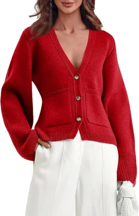 Saodimallsu Womens Deep V Neck Cardigan Sweaters Open Front Button Down Long Sleeve Cropped Knit Coats with Pockets