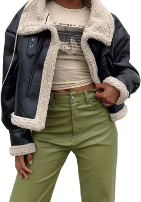 Sexyshine Women's Faux Shearing Moto Bomber Jacket Sherpa-Lined Coat Winter Aviator Leather Coat Outerwear