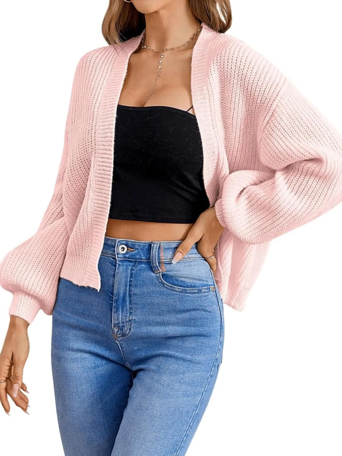 SHENHE Women's Color Block Open Front Long Sleeve Ribbed Knit Cropped Cardigan Sweaters