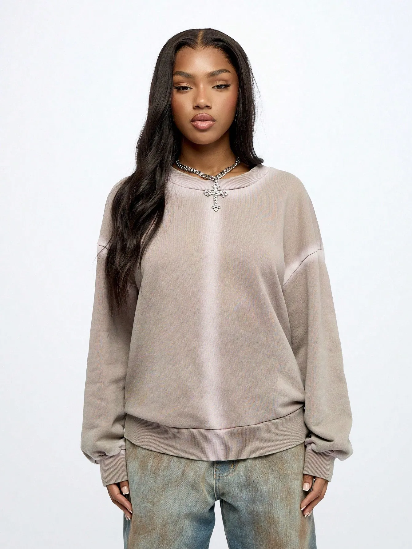 SUMWON WOMEN Washed Oversized Crew Neck Sweatshirt