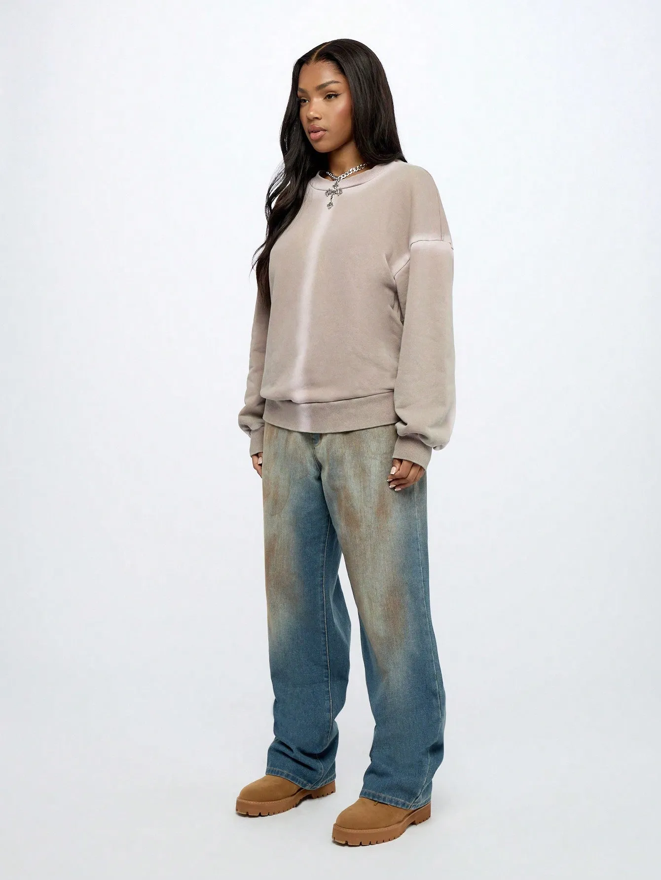 SUMWON WOMEN Washed Oversized Crew Neck Sweatshirt