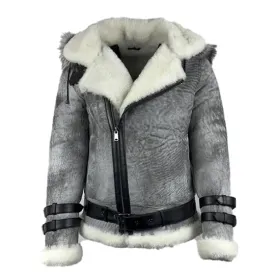 Vintage Distressed Grey Aviator bomber faux shearling jacket with hoodie