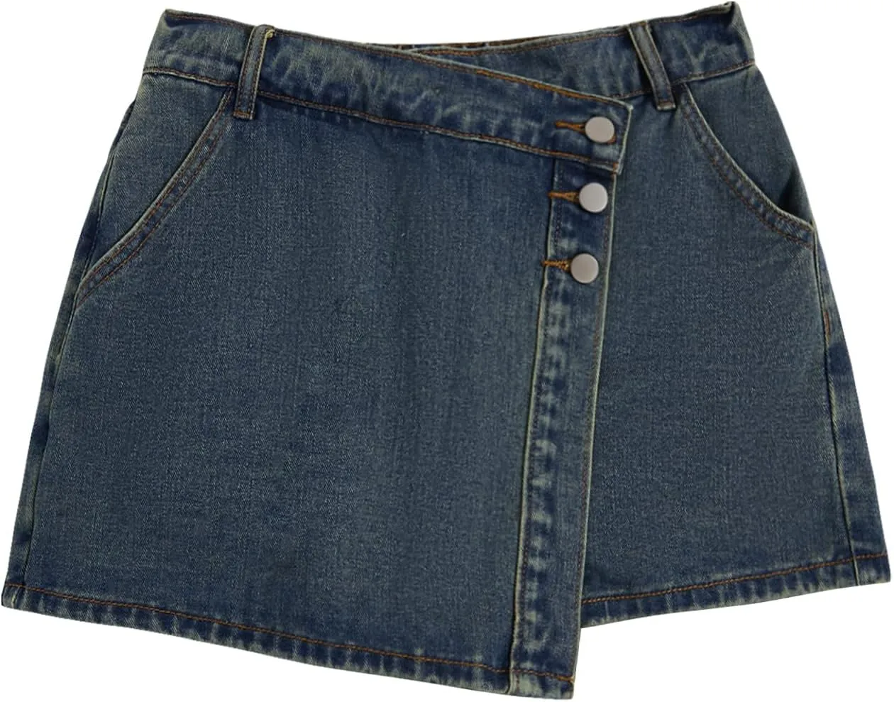 WDIRARA Women's High Waisted Button Front Denim Skort Asymmetrical Hem Skirt Shorts