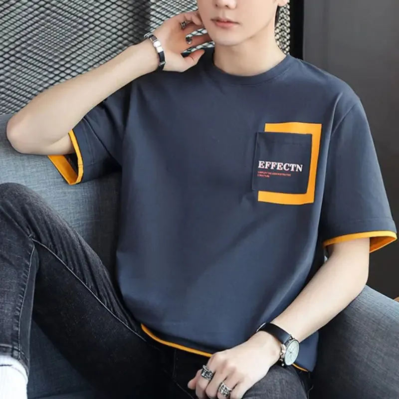 Wiaofellas  -  Fashion O-Neck Spliced Pockets Letter T-Shirt Men's Clothing Summer New Oversized Casual Pullovers Korean Tee Shirt