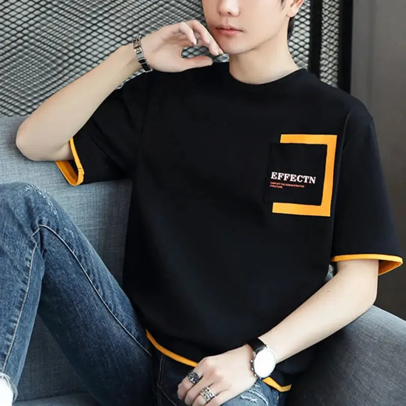 Wiaofellas  -  Fashion O-Neck Spliced Pockets Letter T-Shirt Men's Clothing Summer New Oversized Casual Pullovers Korean Tee Shirt