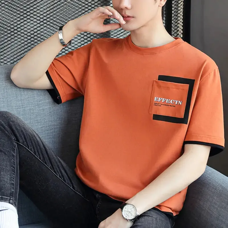 Wiaofellas  -  Fashion O-Neck Spliced Pockets Letter T-Shirt Men's Clothing Summer New Oversized Casual Pullovers Korean Tee Shirt
