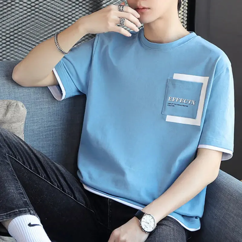Wiaofellas  -  Fashion O-Neck Spliced Pockets Letter T-Shirt Men's Clothing Summer New Oversized Casual Pullovers Korean Tee Shirt