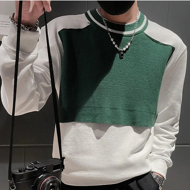 Wiaofellas  -  Fashion Spliced Loose Casual Color T-Shirt Men's Clothing Autumn New Oversized Korean Pullovers Tops All-match Tee Shirt