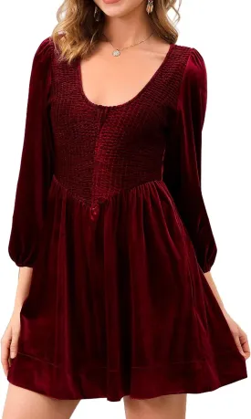 Women A Line Velvet Dress Lantern 3/4 Sleeve Flowy Mini Dress Scoop Neck Empire Waist Babydoll Pleated Short Dress