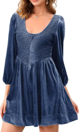Women A Line Velvet Dress Lantern 3/4 Sleeve Flowy Mini Dress Scoop Neck Empire Waist Babydoll Pleated Short Dress