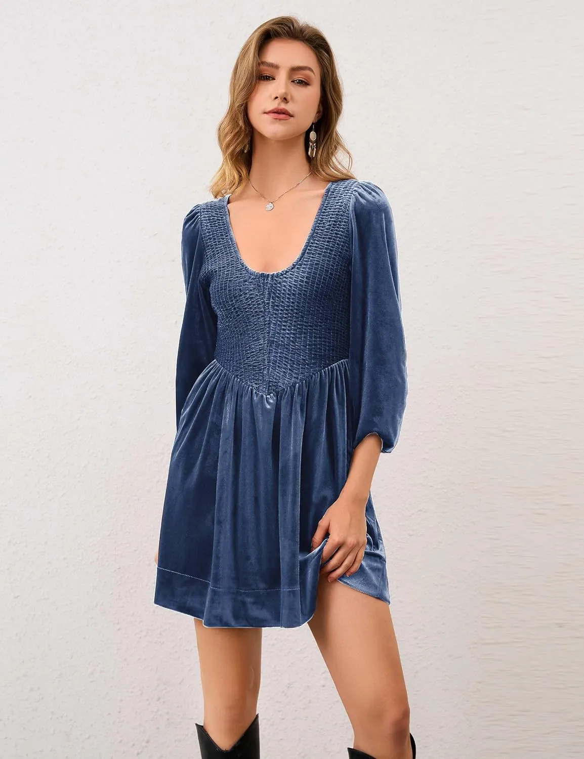Women A Line Velvet Dress Lantern 3/4 Sleeve Flowy Mini Dress Scoop Neck Empire Waist Babydoll Pleated Short Dress