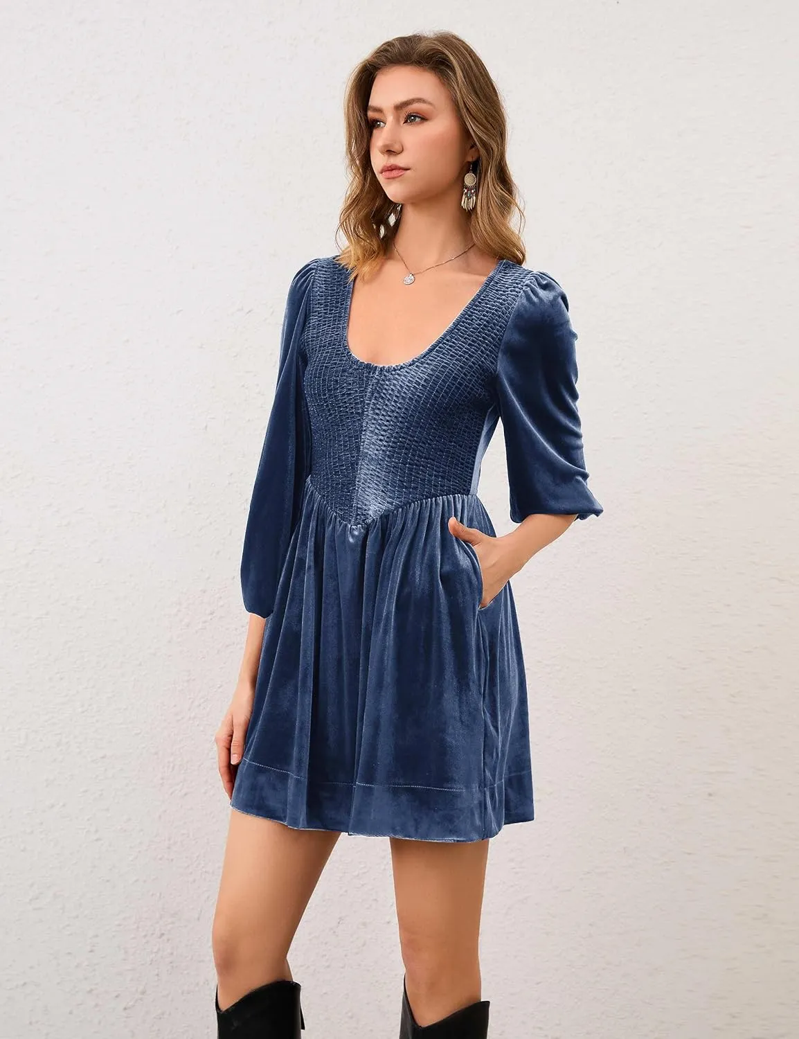 Women A Line Velvet Dress Lantern 3/4 Sleeve Flowy Mini Dress Scoop Neck Empire Waist Babydoll Pleated Short Dress