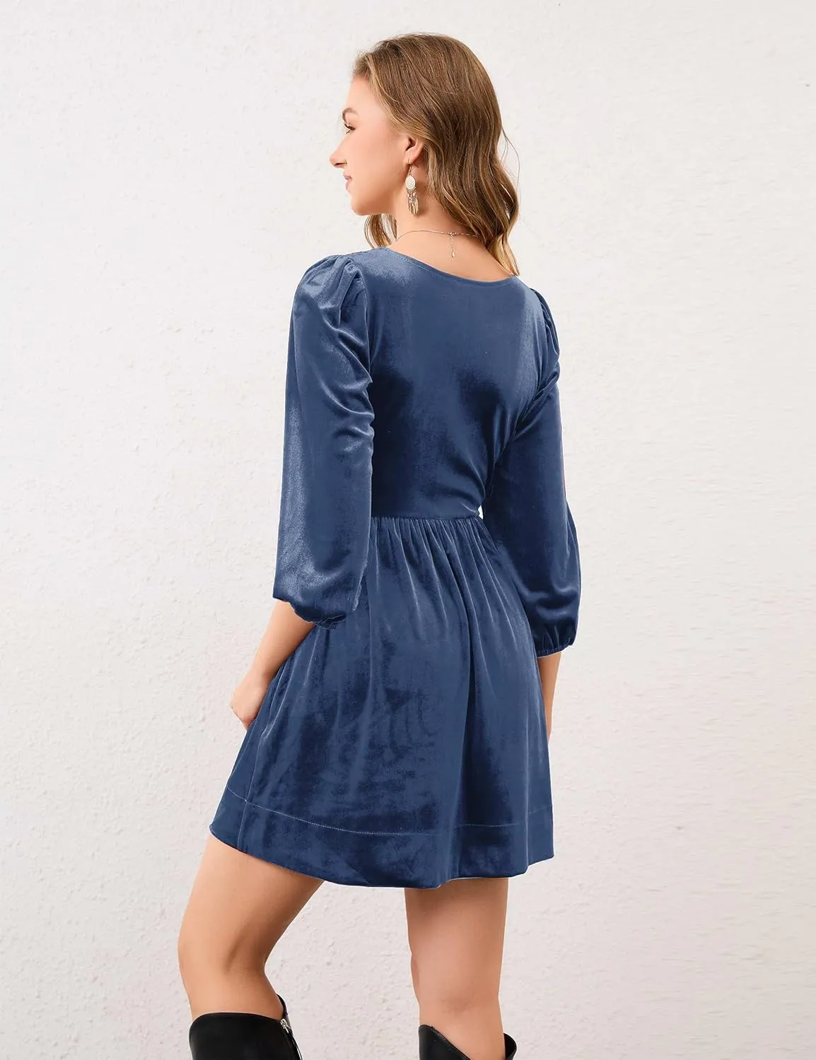 Women A Line Velvet Dress Lantern 3/4 Sleeve Flowy Mini Dress Scoop Neck Empire Waist Babydoll Pleated Short Dress
