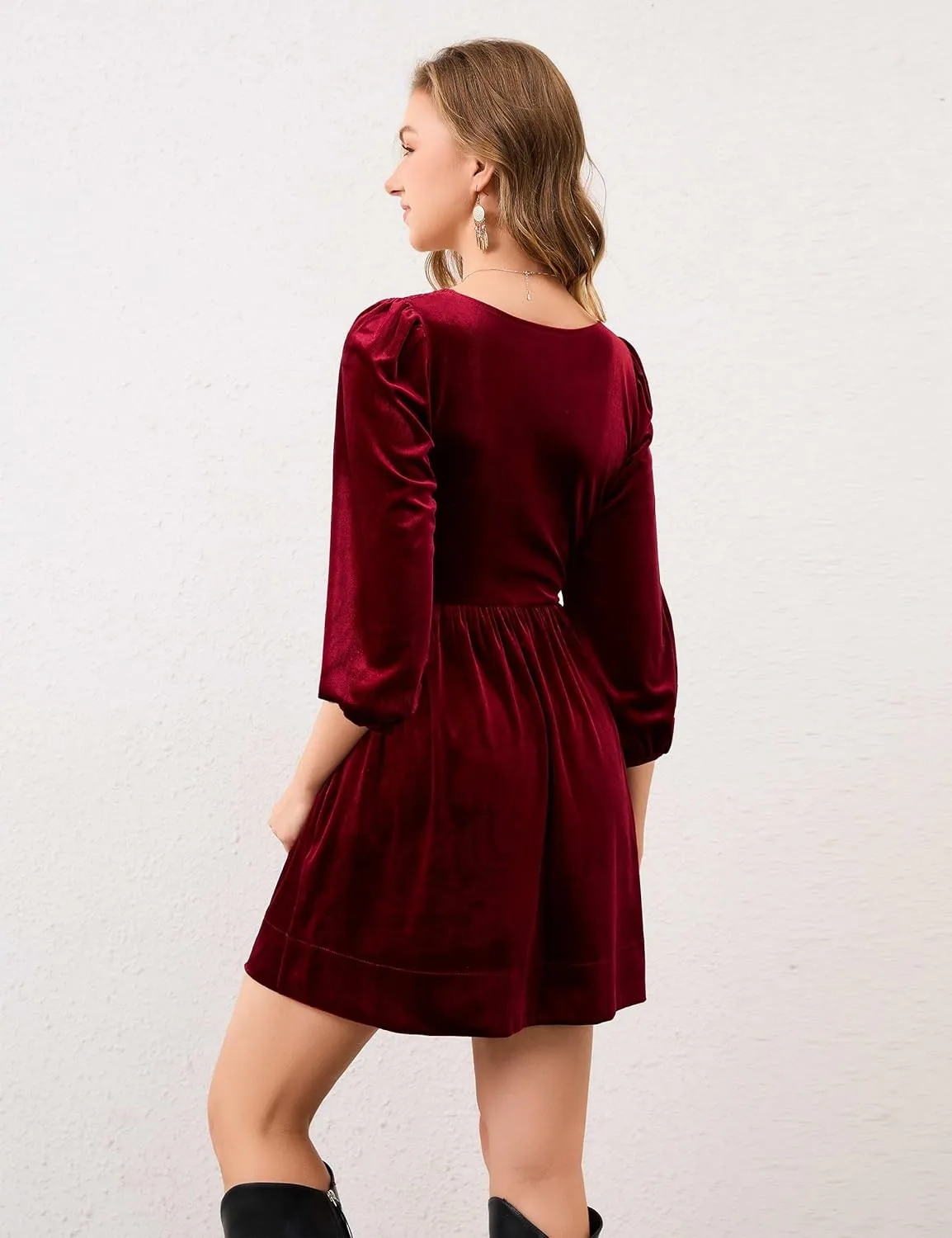Women A Line Velvet Dress Lantern 3/4 Sleeve Flowy Mini Dress Scoop Neck Empire Waist Babydoll Pleated Short Dress