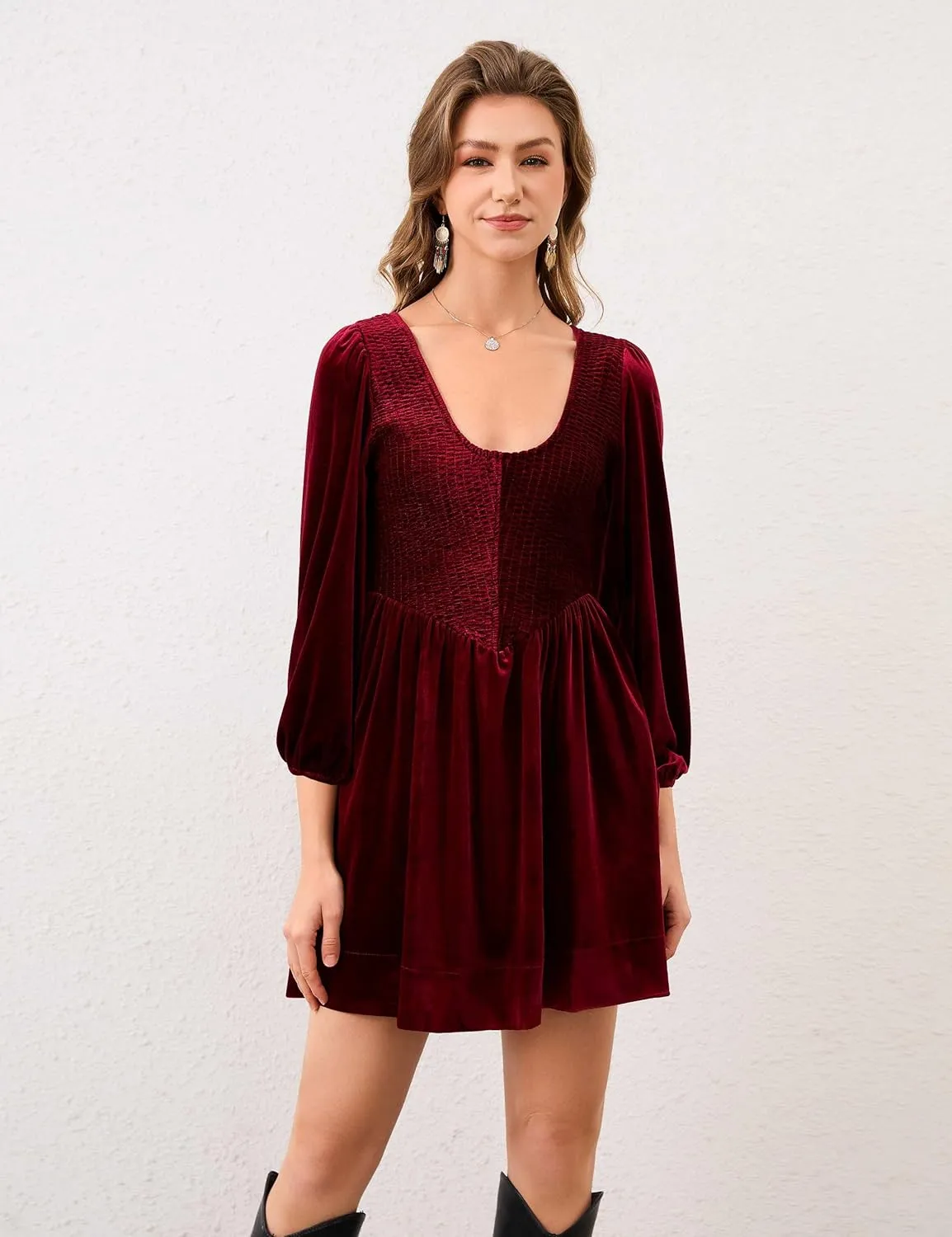 Women A Line Velvet Dress Lantern 3/4 Sleeve Flowy Mini Dress Scoop Neck Empire Waist Babydoll Pleated Short Dress