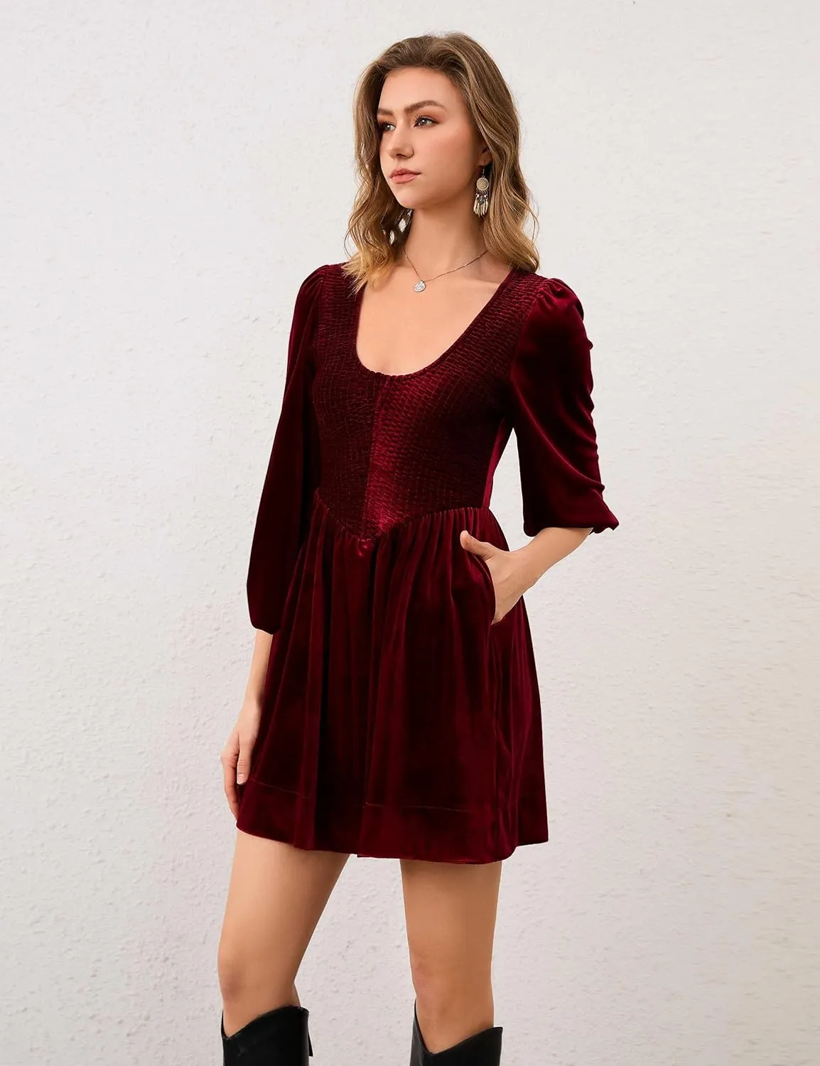 Women A Line Velvet Dress Lantern 3/4 Sleeve Flowy Mini Dress Scoop Neck Empire Waist Babydoll Pleated Short Dress