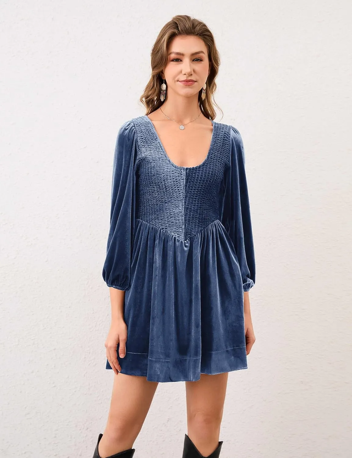 Women A Line Velvet Dress Lantern 3/4 Sleeve Flowy Mini Dress Scoop Neck Empire Waist Babydoll Pleated Short Dress
