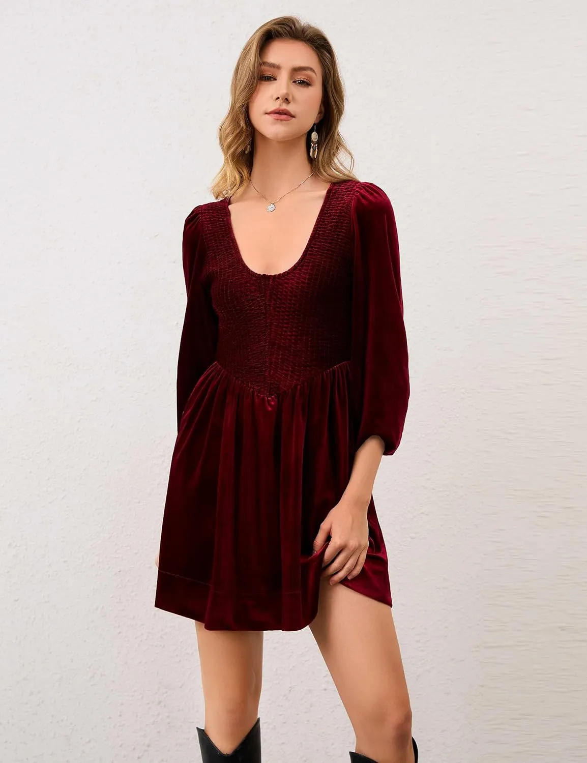 Women A Line Velvet Dress Lantern 3/4 Sleeve Flowy Mini Dress Scoop Neck Empire Waist Babydoll Pleated Short Dress