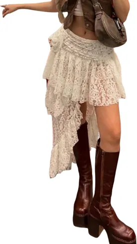 Women Floral Lace Mini Skirt Y2k Low Rise Layered Ruffled Hem Pleated A Line Short Skirt Lace Half Slip Underskirt