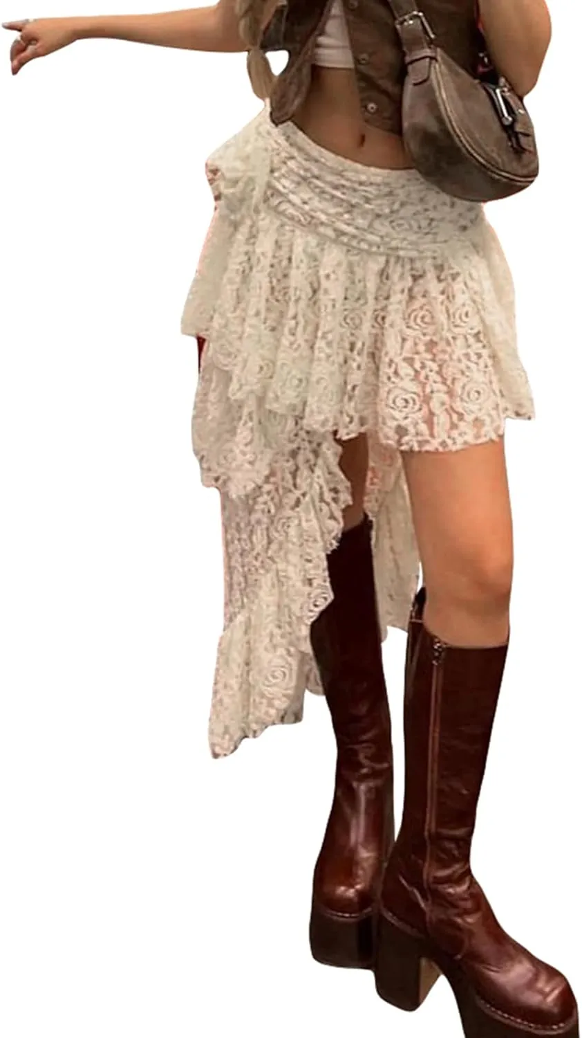 Women Floral Lace Mini Skirt Y2k Low Rise Layered Ruffled Hem Pleated A Line Short Skirt Lace Half Slip Underskirt
