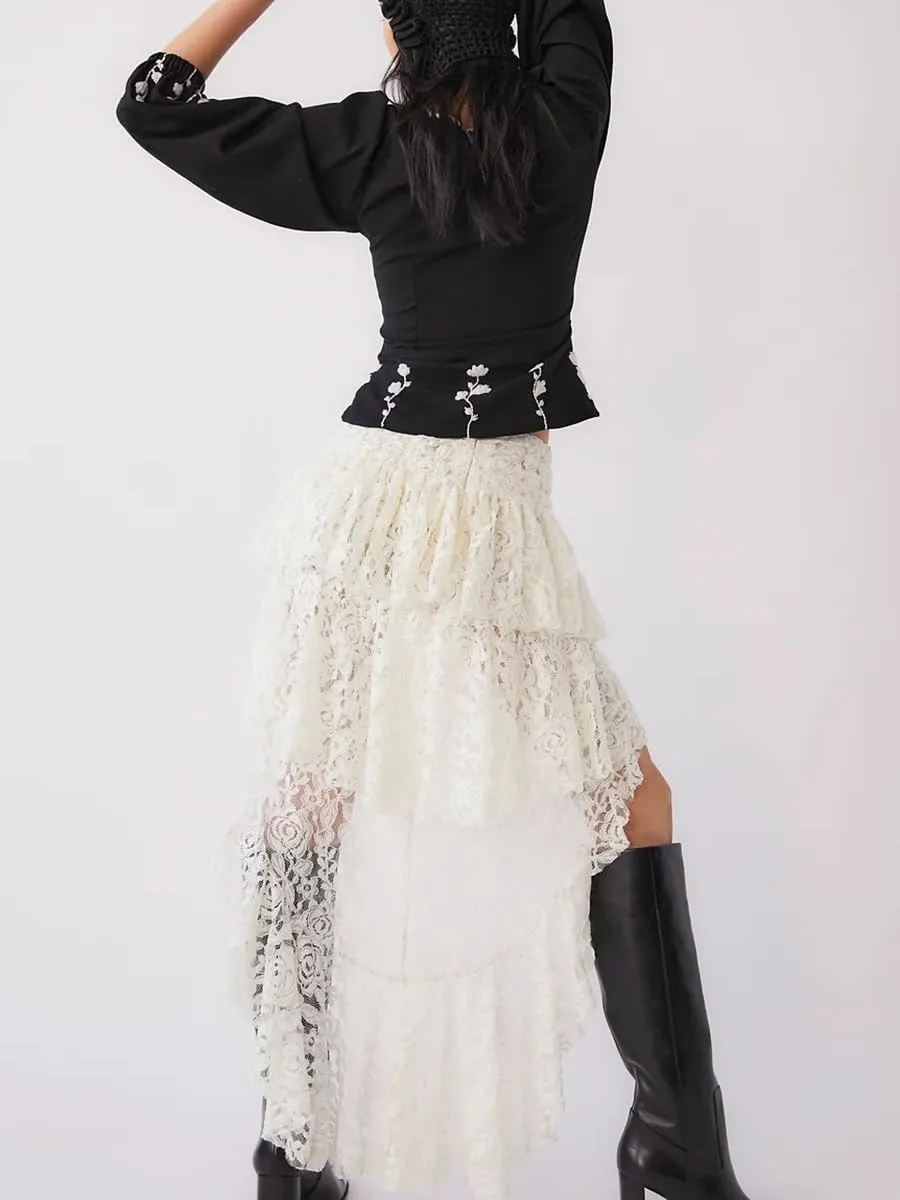 Women Floral Lace Mini Skirt Y2k Low Rise Layered Ruffled Hem Pleated A Line Short Skirt Lace Half Slip Underskirt