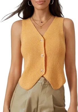 Women Knit Vest Top Y2k V Neck Sleeveless Button Up Crochet Going Out Tops Fashion Streetwear
