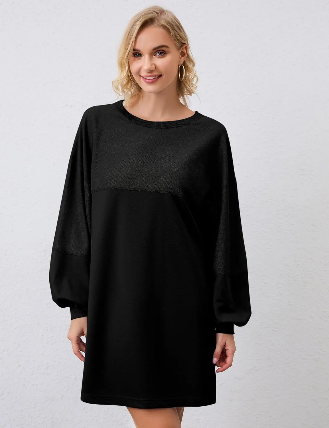 Women Oversized Long Sleeve Patchwork Sweatshirt Dress Solid Crewneck Drop Shoulder Pullover Sweatshirts Dresses