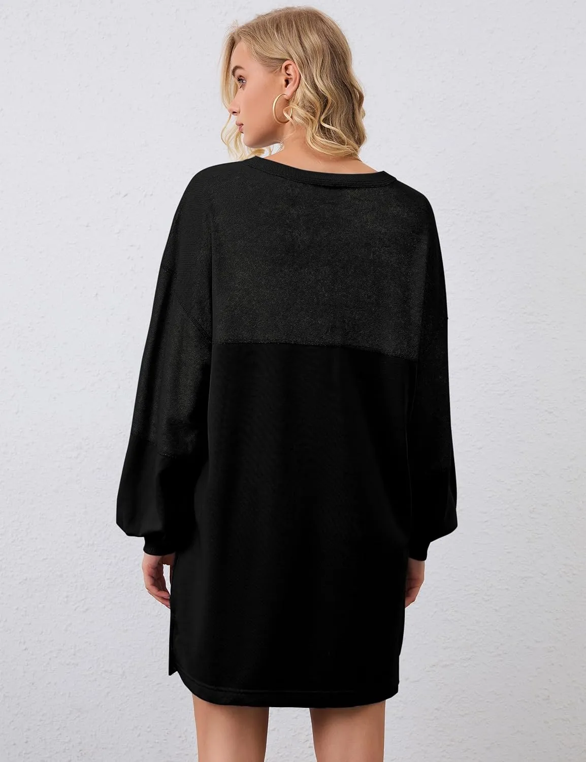 Women Oversized Long Sleeve Patchwork Sweatshirt Dress Solid Crewneck Drop Shoulder Pullover Sweatshirts Dresses