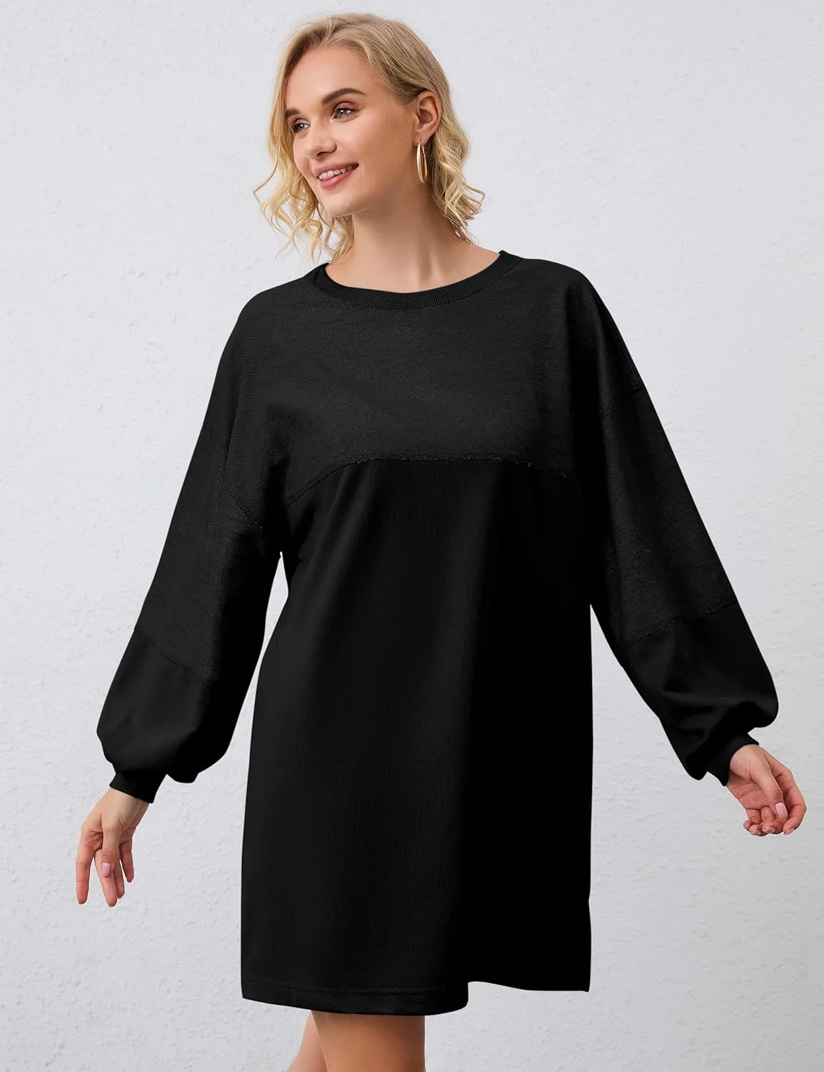 Women Oversized Long Sleeve Patchwork Sweatshirt Dress Solid Crewneck Drop Shoulder Pullover Sweatshirts Dresses