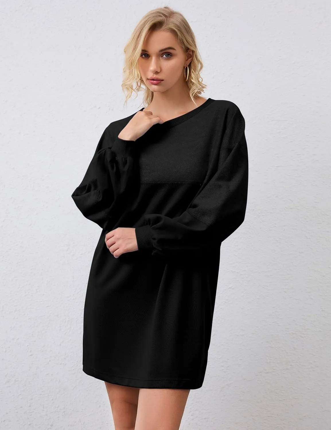 Women Oversized Long Sleeve Patchwork Sweatshirt Dress Solid Crewneck Drop Shoulder Pullover Sweatshirts Dresses