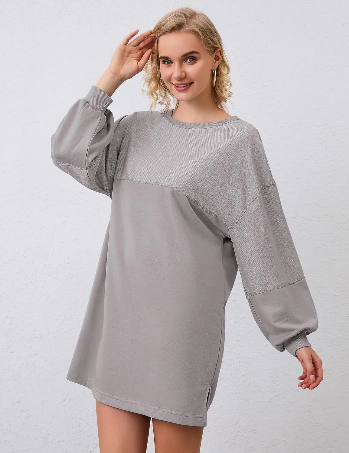 Women Oversized Long Sleeve Patchwork Sweatshirt Dress Solid Crewneck Drop Shoulder Pullover Sweatshirts Dresses