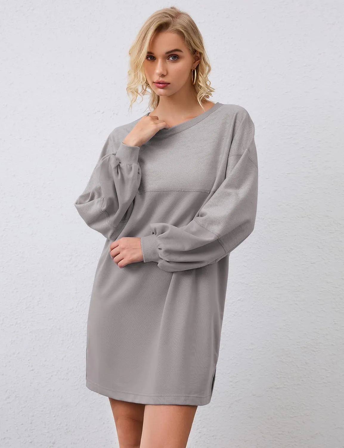 Women Oversized Long Sleeve Patchwork Sweatshirt Dress Solid Crewneck Drop Shoulder Pullover Sweatshirts Dresses