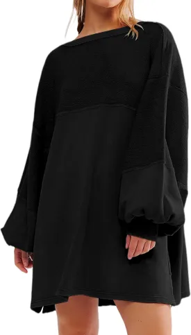 Women Oversized Long Sleeve Patchwork Sweatshirt Dress Solid Crewneck Drop Shoulder Pullover Sweatshirts Dresses