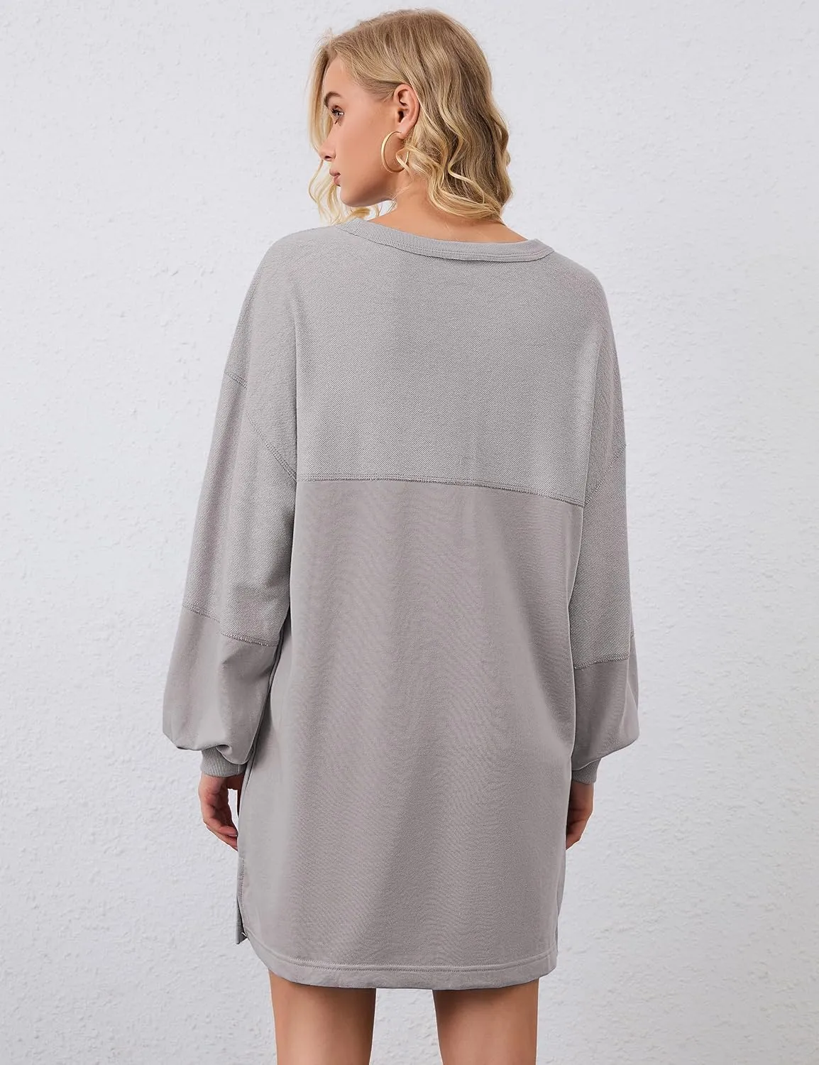 Women Oversized Long Sleeve Patchwork Sweatshirt Dress Solid Crewneck Drop Shoulder Pullover Sweatshirts Dresses