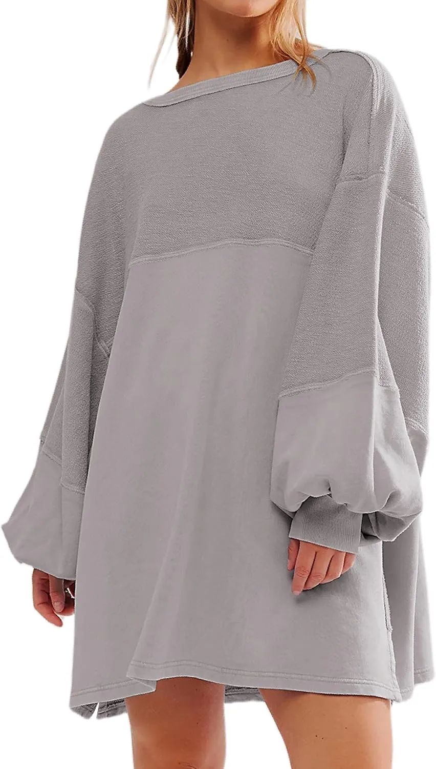 Women Oversized Long Sleeve Patchwork Sweatshirt Dress Solid Crewneck Drop Shoulder Pullover Sweatshirts Dresses