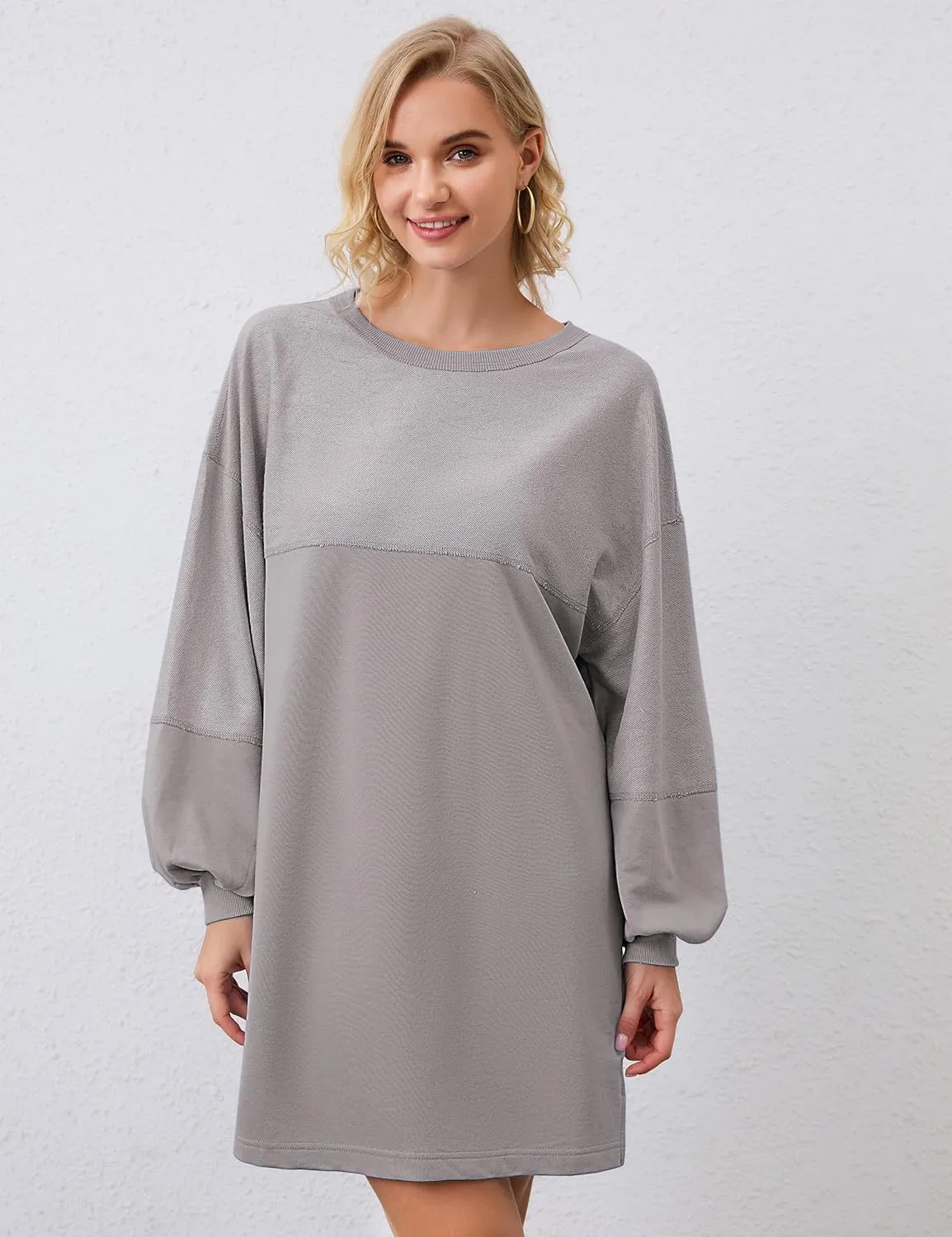 Women Oversized Long Sleeve Patchwork Sweatshirt Dress Solid Crewneck Drop Shoulder Pullover Sweatshirts Dresses