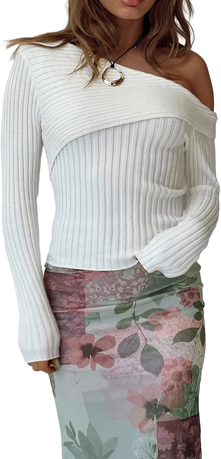 Women 's Y2K Off Shoulder Crop Top Long Sleeve Ruched Knit Slim Blouse Tee Basic Skinny Stretchy Fall Sweaters