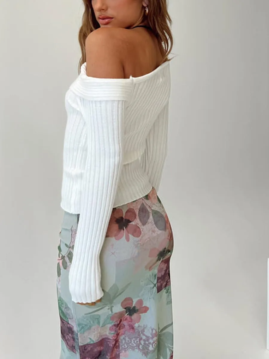 Women 's Y2K Off Shoulder Crop Top Long Sleeve Ruched Knit Slim Blouse Tee Basic Skinny Stretchy Fall Sweaters