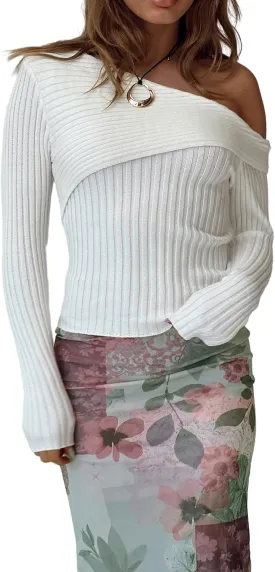 Women 's Y2K Off Shoulder Crop Top Long Sleeve Ruched Knit Slim Blouse Tee Basic Skinny Stretchy Fall Sweaters