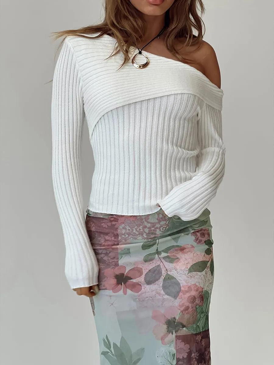 Women 's Y2K Off Shoulder Crop Top Long Sleeve Ruched Knit Slim Blouse Tee Basic Skinny Stretchy Fall Sweaters