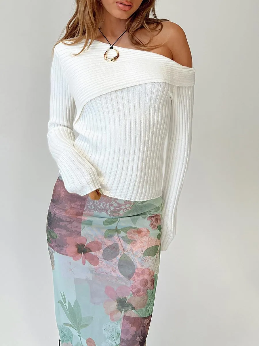 Women 's Y2K Off Shoulder Crop Top Long Sleeve Ruched Knit Slim Blouse Tee Basic Skinny Stretchy Fall Sweaters