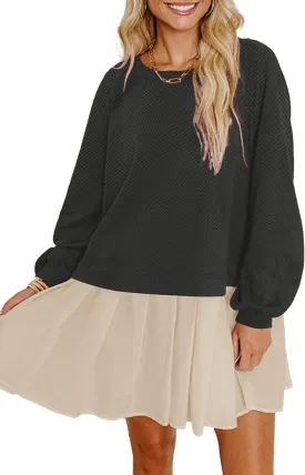 Womens Crew Neck Sweatshirt Dress 2025 Trendy Fall Long Sleeve Pullover Tops Casual Flowy Patchwork Mini Dresses