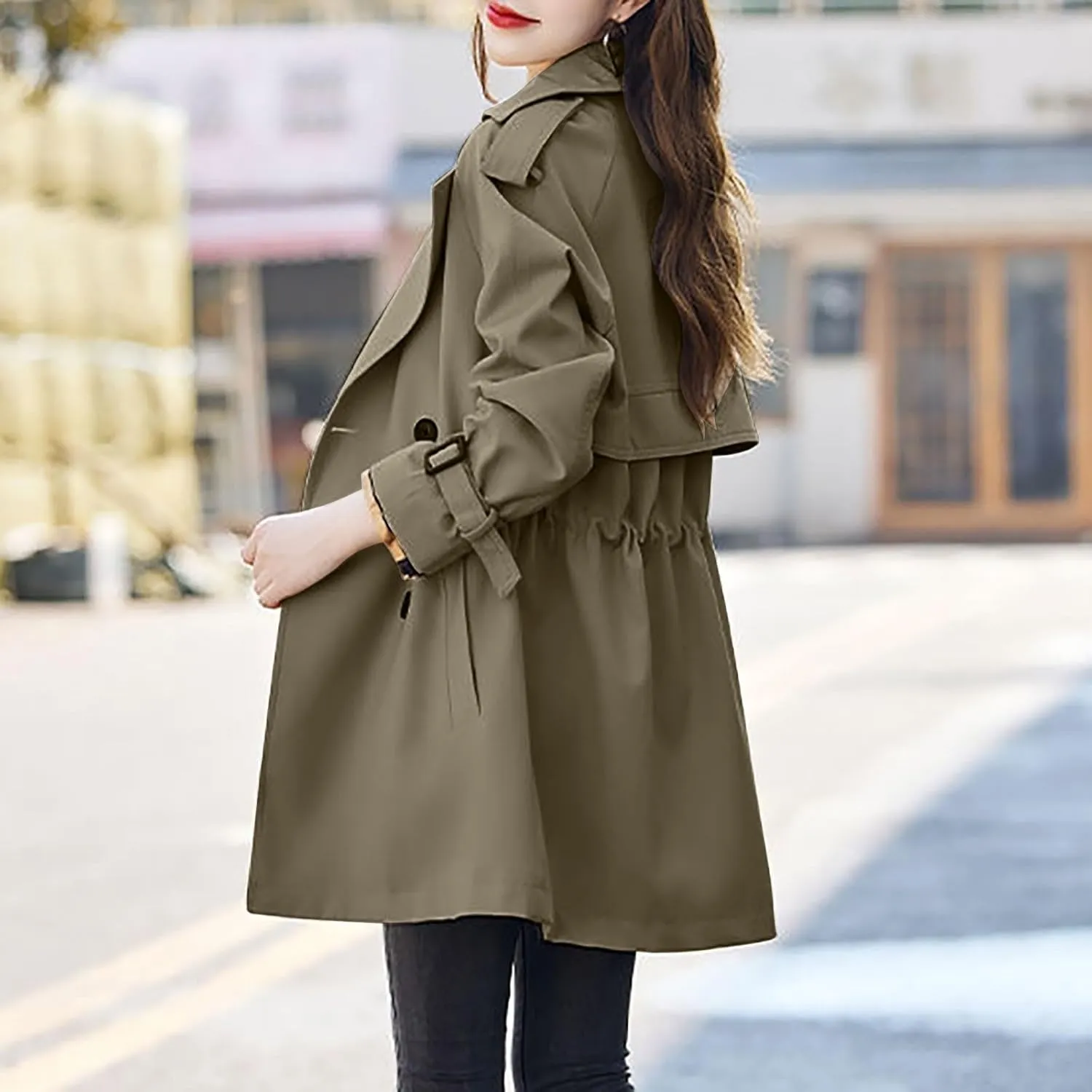 Women's Fall Casual Trench Coat Long Double Breasted Windbreaker Classic Belted Lapel Overcoat Midi Long Trench Coat