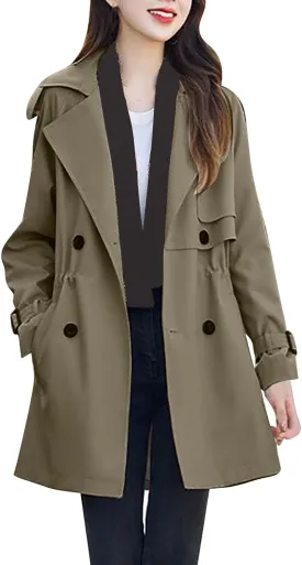 Women's Fall Casual Trench Coat Long Double Breasted Windbreaker Classic Belted Lapel Overcoat Midi Long Trench Coat