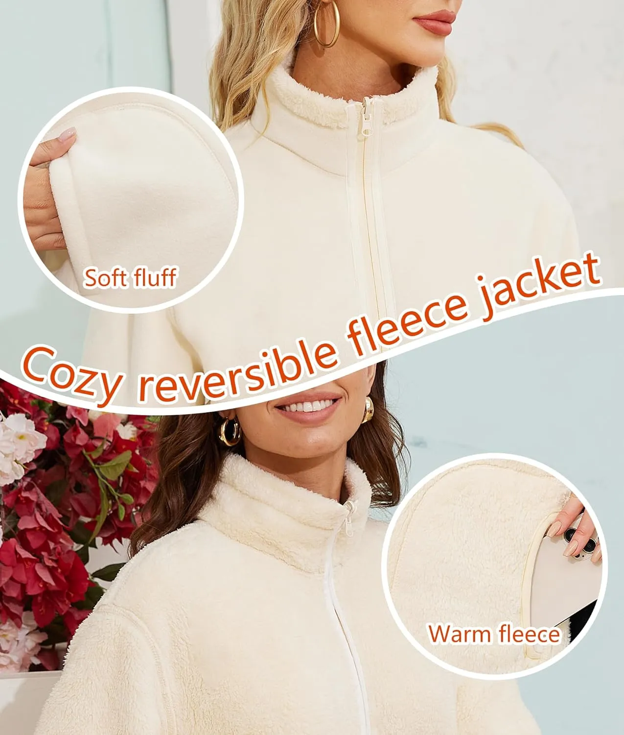 Women's Fleece Sherpa Jacket Full Zip Winter Warm Long Sleeve Reversible Coat Lightweight Soft With Pockets